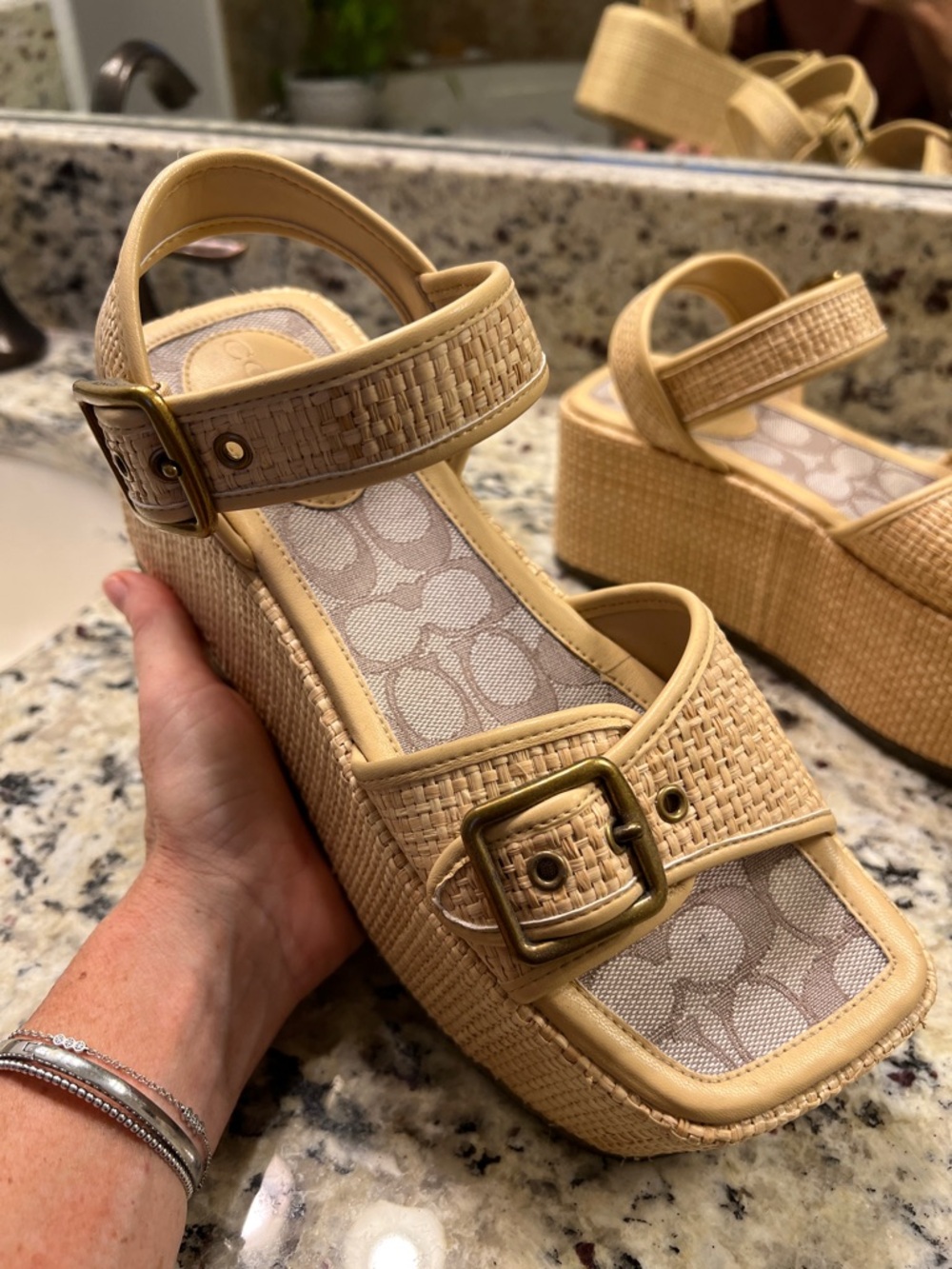 Coach Beige Woven Platform Sandals with Buckle - Picture 3 of 3